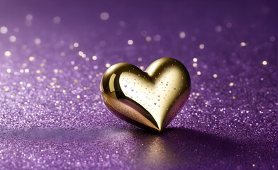 Fototapeta premium A small gold heart on a sparkling soft purple background. Generative AI