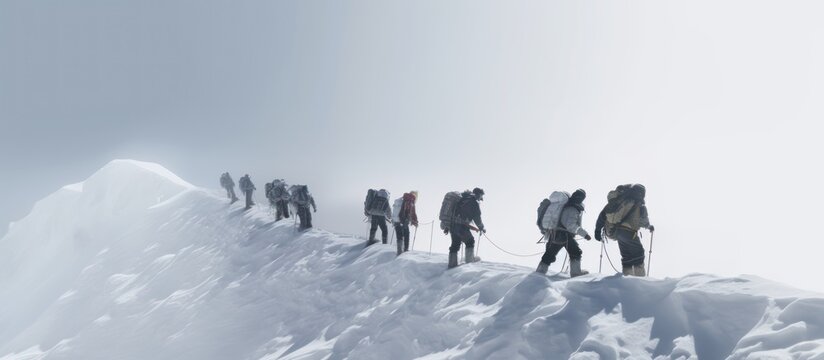 Image of a group of Sherpas and mountaineers climbing Mount Everest on a sunny day. It goes with all their equipment to be able to reach the summit.