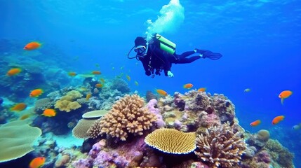 Naklejka na ściany i meble Tropical sea underwater fishes on coral reef. Aquarium oceanarium wildlife colorful marine panorama landscape