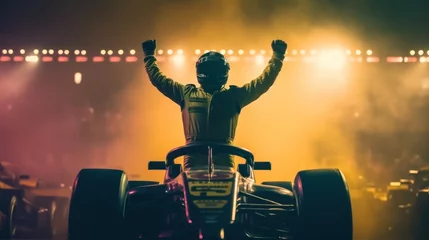 Fototapeten Silhouette of race car driver celebrating the win in a race against bright stadium lights. 100 FPS slow motion shot.track © muza