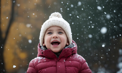 A little boy rejoices and is surprised by the first snow
