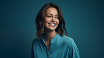 Fototapeta premium Caucasian woman wearing a shirt on a blue background.