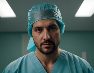 A surgeon in surgical clothes looks tiredly
