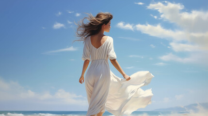 Fototapeta na wymiar Caucasian woman in white dress walks along the beach.