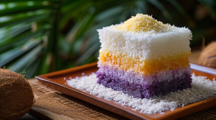 Filipino sapin-sapin, featuring diamond-shaped layers of rice and coconut, with vibrant white for coconut