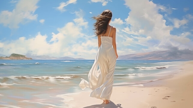 Caucasian woman in white dress walks along the beach.