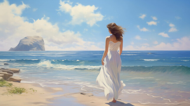 Caucasian woman in white dress walks along the beach.