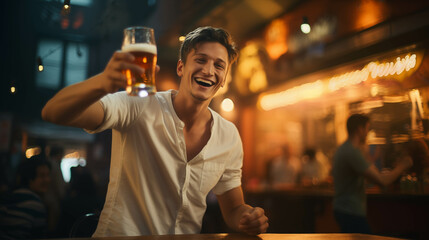 Caucasian man drinking beer in pub. - obrazy, fototapety, plakaty