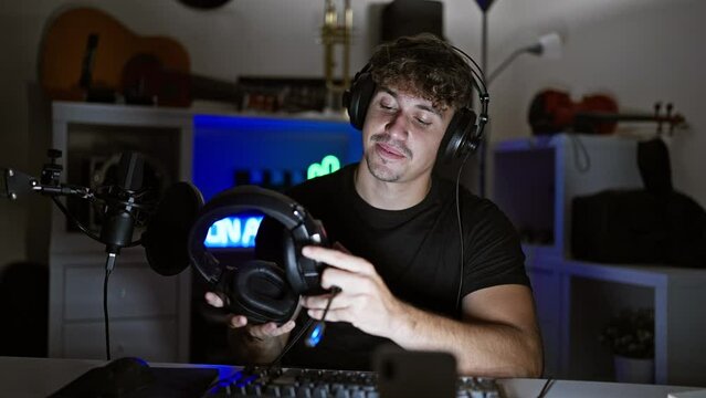 Young hispanic man streamer having video call holding headphones at gaming room