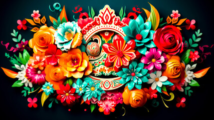 Colorful floral arrangement on black background with decorative frame in the middle.