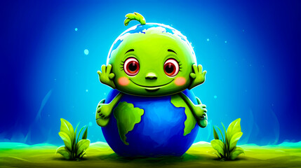 Cartoon character sitting on top of blue ball with green plant growing out of it.