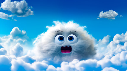Obraz premium Very cute furry creature with big smile on his face in the clouds.