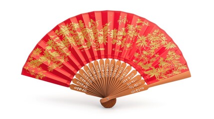 Red Chinese paper folding fan with gold pattern, isolated on white background - obrazy, fototapety, plakaty
