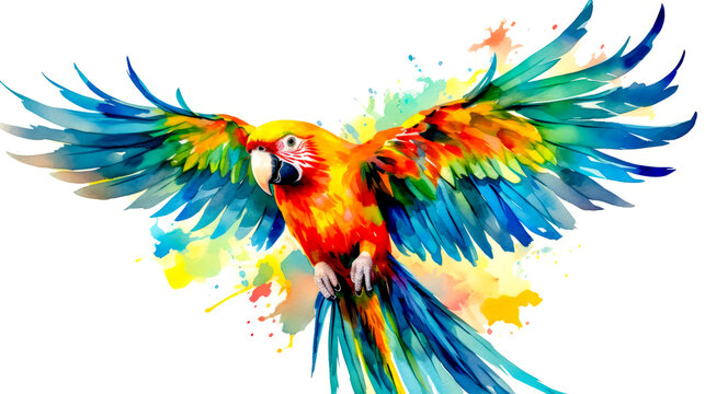 Colorful parrot flying through the air with its wings spread and wings spread.