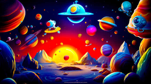 Image of space scene with planets and cat in the sky.