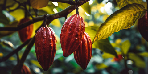 detail of ripe cacao fruits hanging from a cacao tree (Theobroma cacao) in a cacao cultivation - obrazy, fototapety, plakaty