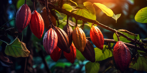 detail of ripe cacao fruits hanging from a cacao tree (Theobroma cacao) in a cacao cultivation - obrazy, fototapety, plakaty