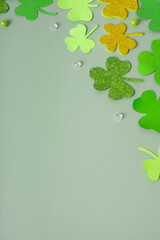 Green clover leaves with copy space top view. St. Patrick's Day background