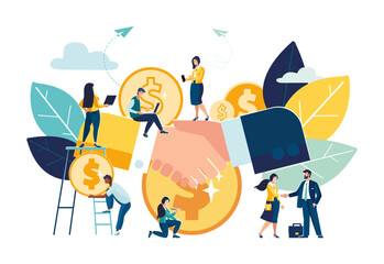 Business concept.Vector illustration, financial partnership, parties agreement, handshake, signing documents.Successful contract, money,dollars, kopecks, small business people.Green, building business