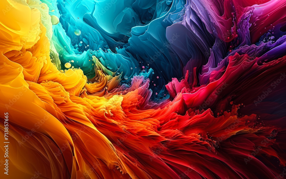 Poster vibrant waves of multicolored abstract shapes flowing dynamically across the frame, representing ene