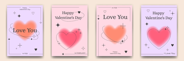 Set of Valentine's Day greeting card templates in 90s, y2k, retro style. Modern minimalist posters with gradient and linear shapes, sparkles and typography.