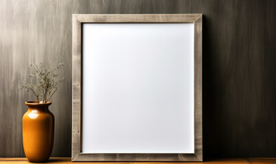 Minimalistic white picture frame with blank space for artwork or photograph, standing on a wooden surface against a textured grey wall background