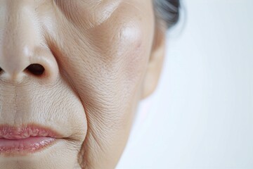 皺・たるみ・しみに悩むおばあさんの頬（眼瞼下垂・目の下のふくらみ・整形・若返り） - obrazy, fototapety, plakaty