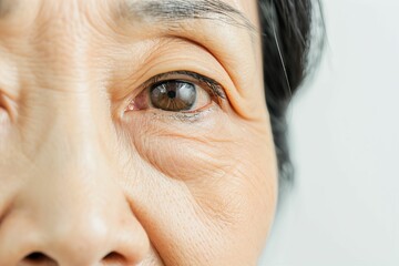 皺・たるみ・しみに悩むおばあさんの目元（眼瞼下垂・目の下のふくらみ・整形・若返り） - obrazy, fototapety, plakaty