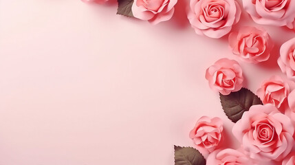 Romantic Rose Flowers and Green Leaves Banner on Pink Background – Springtime Elegance for Invitations, Cards, and Events