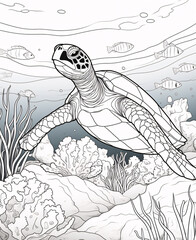 A delightful coloring page featuring a turtle and its underwater friends, inviting creativity and a splash of color to bring the marine scene to life.