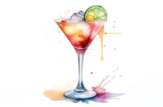 alcohol drink in glass with ice and lime slice. delightful summer cocktail, watercolor illustration