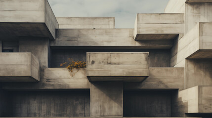 Arquitectura brutalista, minimalista, de hormigón visto con formas geométricas monocromáticas - obrazy, fototapety, plakaty