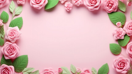 Fototapeta na wymiar Romantic Rose Flowers and Green Leaves Banner on Pink Background – Springtime Elegance for Invitations, Cards, and Events