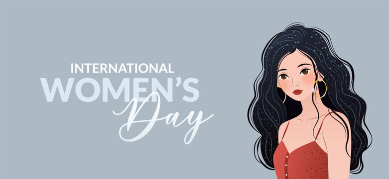 International Women's Day. 8 March. Inspire inclusion. Banner with beautiful woman with long hair. Modern vector design on gray background with text for poster, campaign, social media post.