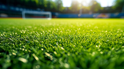 Soccer field with green grass and the sun shining through the trees in the background. - obrazy, fototapety, plakaty
