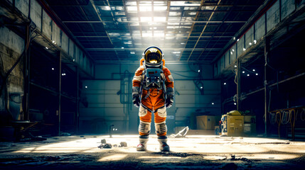 Man in orange astronaut suit standing inside of hangar with bright light coming through the ceiling.