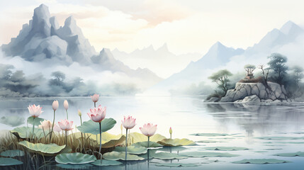 Chinese style water ink lotus landscape painting