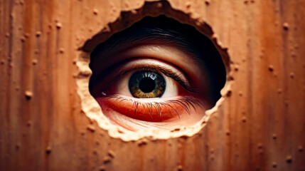 Close up of person's eye through hole in wall. - obrazy, fototapety, plakaty