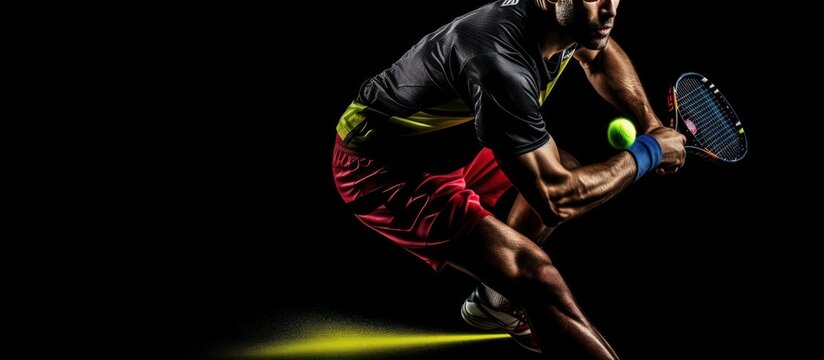 Padel tennis player with racket. Man athlete with paddle racket on court with neon colors. Sport concept.
