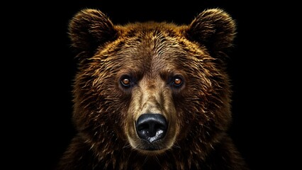 Majestic Brown Bear Close-Up: Intense Gaze Against a Black Background: Wildlife Photography on Dark Backdrop