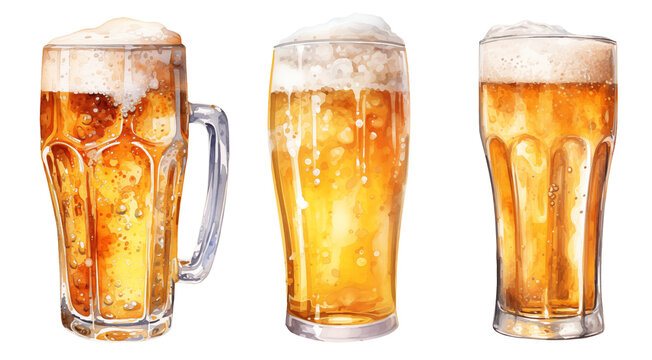 set of three glasses of blonde beer with foam watercolor illustration png isolated on a transparent background, alcoholic drink clipart 