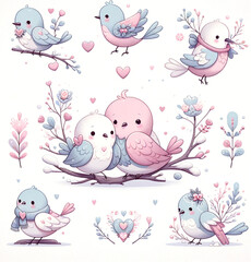 Valentine's Day Pastel Couple Bird Clipart Bundle, Cute cartoon birds on a branch with flowers and hearts. Vector illustration.