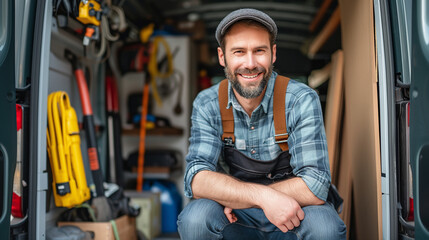 Happy plumber with loaded equipment