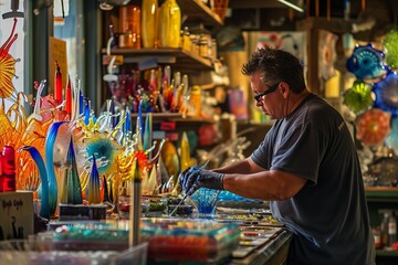 An artisan creating intricate glass art, modern glass studio, surrounded by various glass art pieces, bright, vibrant colors, showcasing the artistry and skill.