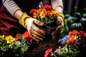 Gardeners hands planting flowers Forget-me-not in garden