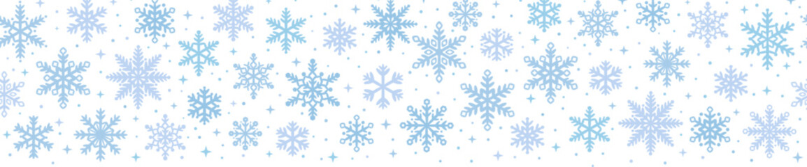 Vector snowflake border seamless repeat pattern, winter background banner, holiday greeting concept design, isolated scattered snow confetti