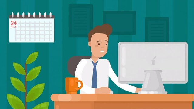 2D Rendered Animated Scene Of Male Office Employee Working On Computer Using Mouse At Office.