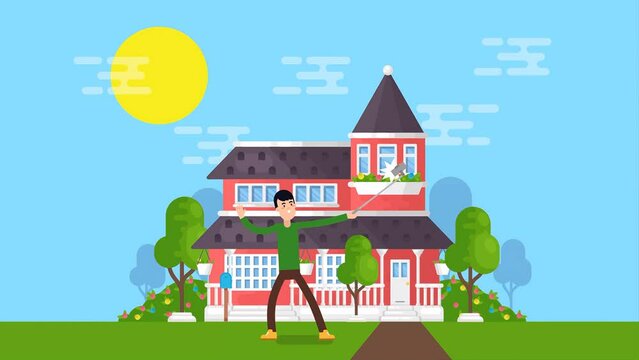 2D illustration Animated Scene of Cartoon Man Taking A Selfie In Front Of Large House.