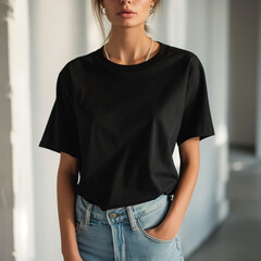 Black T-shirt Mockup, Woman, Girl, Female, Model, Wearing a Black Tee Shirt and Blue Jeans, Oversized Blank Shirt Template, White Background, Close-up View