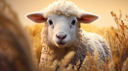 Adorable sheep embody Eid Adha's spirit, symbolizing sacrifice and joy in Islamic tradition. Mosques echo with prayers, celebrating the essence of Eid al-Adha - obrazy, fototapety, plakaty